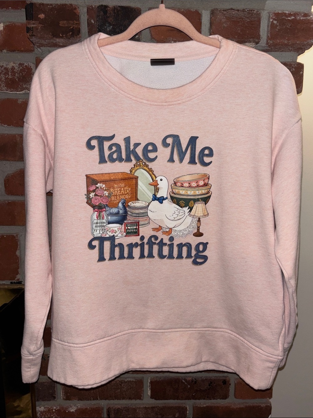 32 Degrees Pink 'Take Me Thrifting' Custom Graphic Crewneck Sweatshirt Sz Lrg